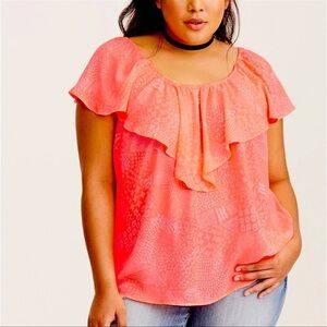 Torrid Ruffle Blouse Women’s Top Neón Coral Doodle Print Georgette Size 00